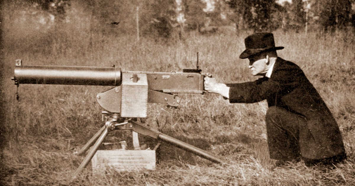 John M. Browning test-fires a prototype of the .50 Browning Heavy Machine Gun. Photo owned by Browning Arms.